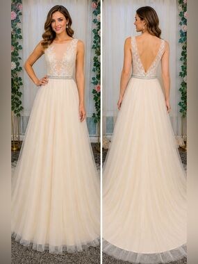 NWT Juliet’s Bridal Champagne Lace Tulle A-Line Wedding Gown Size 6